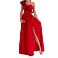 thumbnail image 1 of Abcnature Womens Maxi Dress, Women Solid Slimming One Shoulder Ruffles Split Dress, Plus Size Summer Casual Long Dresses, Wedding Guest Dresses Beach Party Dress Red XL, 1 of 6