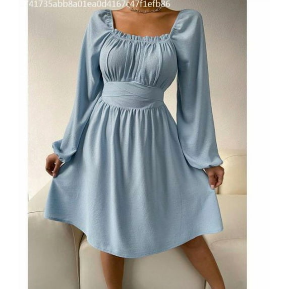 SEARIPE Women's Long Sleeve Plain Square Neck Ruched High Waist Dress Lace-up Casual Elegant Midi Dresses Black L