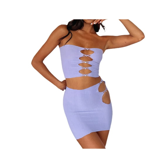 Liacowi Women 2 Piece Skirt Set Off Shoulder Tube Tops Cut Out Mini Skirts Outfits 90s Summer Streetwear