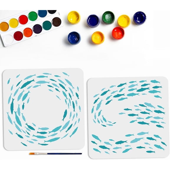 1bag 1 set PET Hollow Out Drawing Painting Stencils for Scrapbook Photo Album Leaf with 1pc Art Paint Brushes for Acrylic Painting Watercolor Oil Gouache Fish 300x300mm 2pcs/set