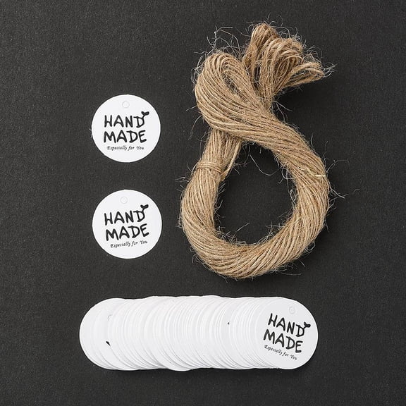1bag 100Pcs Paper Gift Tags Hange Tags with Hemp Rope Flat Round with Word HAND MADE White Tag: 3cm about 101pcs/bag