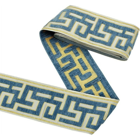 3.3 Yards Embroidered Geometric Drapery Trim 3-1/2" Wide The Great Wall Blue Chenille Drapery Geometric Jacquard Ribbon for Drapes Curtain Banding Trim