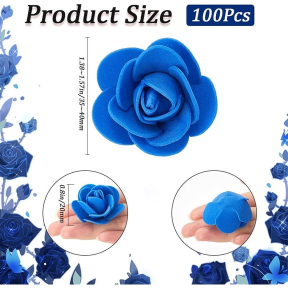 1bag 100pcs Artificial Rose Heads Bulk Touch Faux Roses 1.5 Inch Plastic 3D Stemless Foam Flowers for Wedding Bouquets Centerpieces Valentine's Day Party Room Decor Crafts Royal Blue