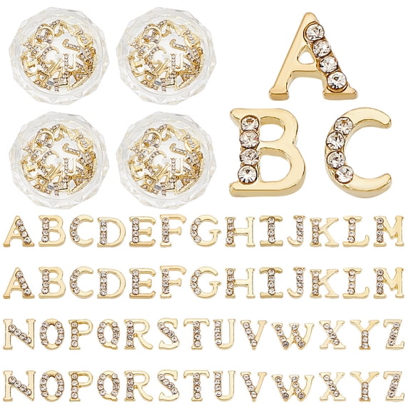 1bag 104pcs golden Rhinetone Letters Nail Studs 26-Letters Charms with Rhinestone A~Z Letter Rhinestone Resin Fillers golden Alphabet Jewelry Making