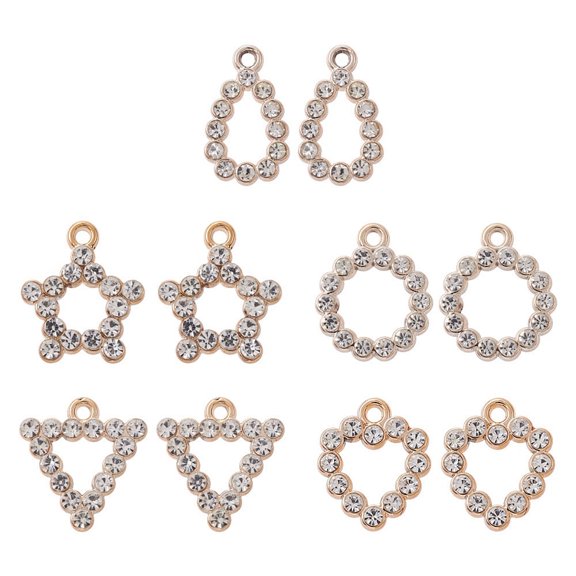 1bag 10pcs 5 style Acrylic Pendants with Rhinestone Triangle & Teardrop & Star & Ring & Heart Light golden 20~24x14~21x3~3.5mm Hole: 2mm 2pcs/style
