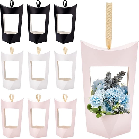 1bag 12 sets 3 colors Cardboard boxes with Polyester Handles Flower Package boxes Git boxes Rectangle with Windows Mixed color 18.5x13.5x30cm about 4 sets/color