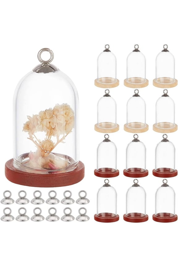 1bag 12 sets Glass Dome Cloche with Bead Cap Pendant Bails Clear Glass Dome Display Case with Wood Base Glass Vial Pendant Charms for Collectibles DIY Pendant Kits 1.32"x0.98"