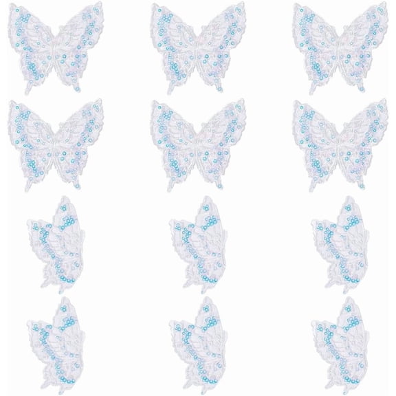1bag 12Pcs 2 Styles White Sequins Butterfly Patches Sew On Embroidered Organza Applique Decorative Lace Paillette Sewing Tulle Stickers for Clothing Wedding Dress DIY Ornament Accessories White