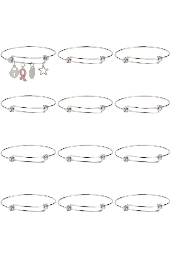 1bag 12pcs Expandable Wire Bangle Bracelet Stainless Steel Bangles Bulk Adjustable Bracelet for Jewellery Making Metal Stackable Bracelets Cuff Bracelets Blanks DIY Craft Adult Women 2.6 Inch