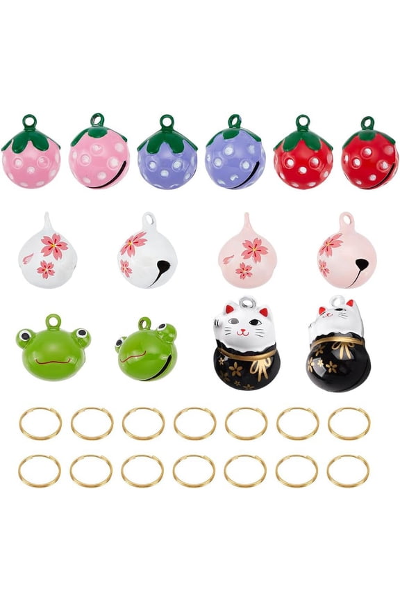 1bag 14pcs 7 styles Pet Collar Bells Brass Cherry Panda Frog Strawberry Charm Cat Collar Bell Pet Accessories with Stainless Steel Double Loops Jump Rings for Potty Training