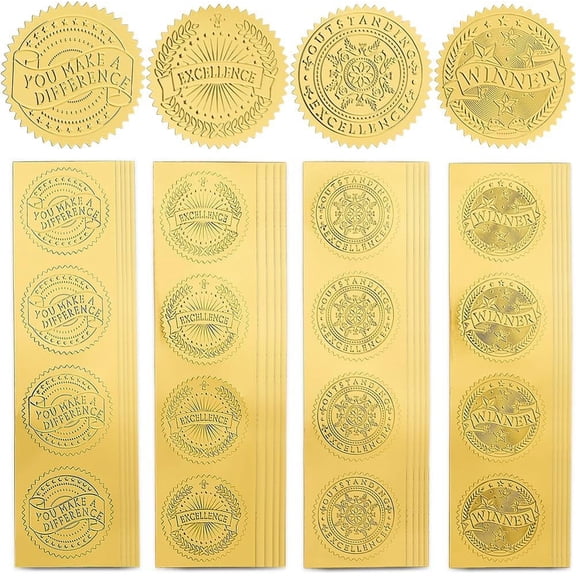 1bag 160Pcs 4 Style Gold Stickers Winner Certificate Excellence Banner Embossed Foil 2" Self Adhesive Envelopes Seals Round Labels for Graduation Award Wedding Invitation Graduation Diplomas
