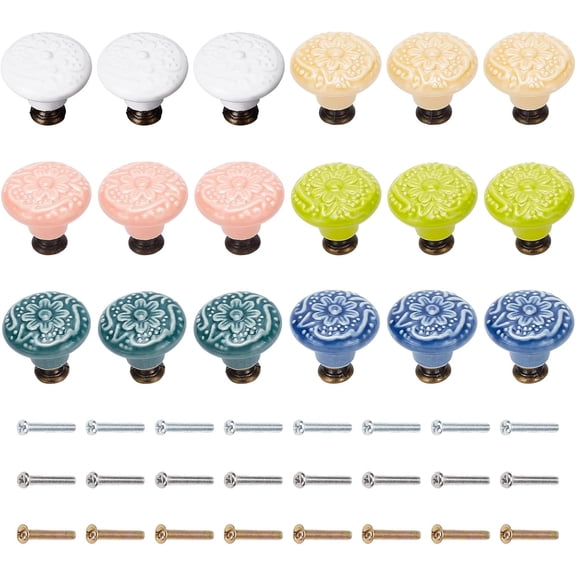 1bag 18pcs Ceramic Door Knobs Round Embosssed Porcelain Drawer Handles 6 colors Mounting Screws Knob Pulls Handles for Cabinet Dresser Drawers Kitchen Door