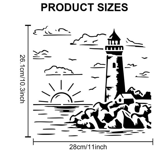 1bag 1pc PET Hollow Out Drawing Painting Stencils with 1pc Art Paint Brushes Lighthouse Stencils: 300x300mm Brushes: 16.9x0.5cm