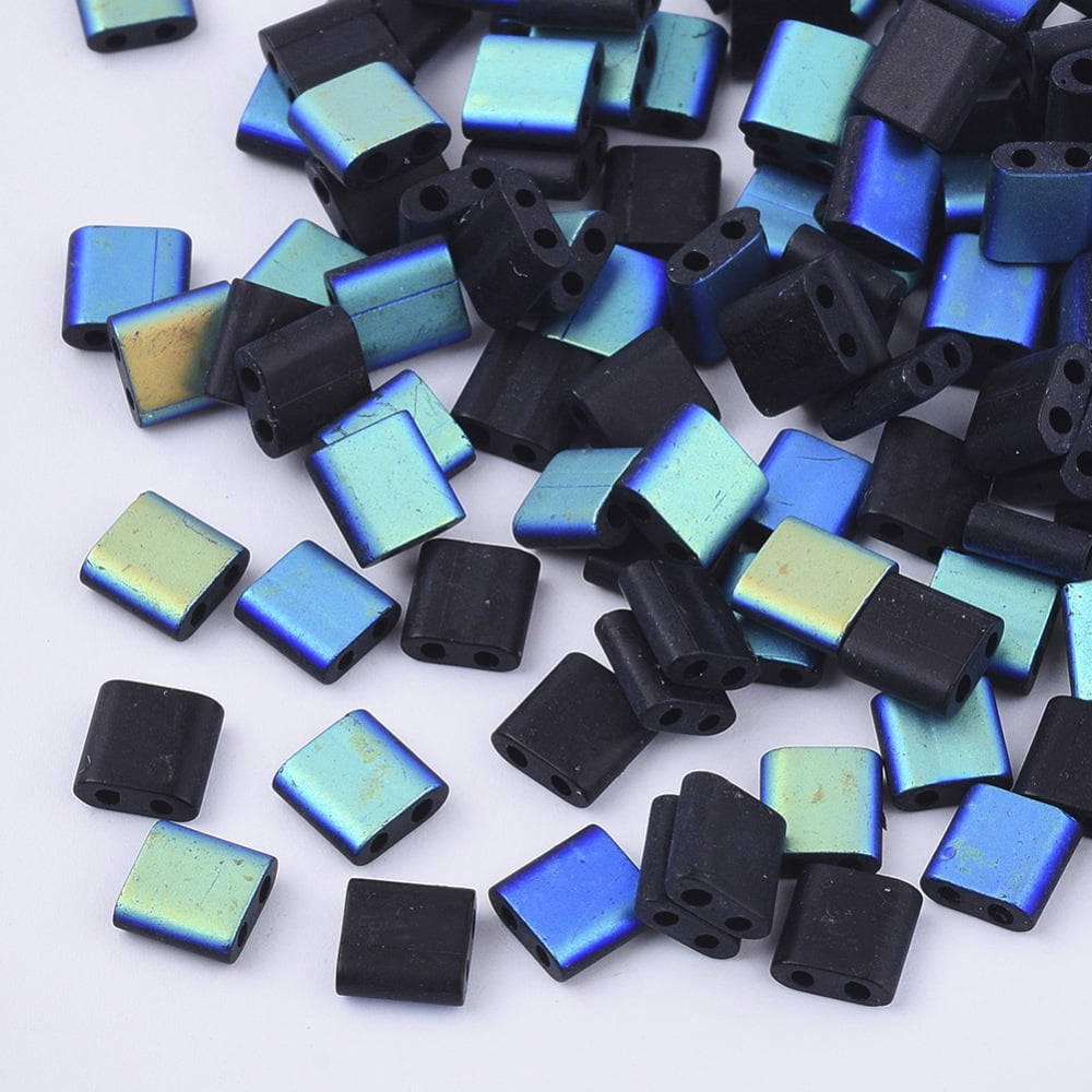 1bag 2-Hole Glass Seed Beads Half Rainbow & Frosted Colours Square Black 5x4.5~5.5x2~2.5mm Hole: 0.5~0.8mm about 1180pcs/bag
