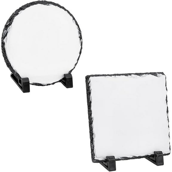 1bag 2 Styles Sublimation Blank Rock Slates with Plastic Racks 79x142x147mm Square and Round Heat Thermal Transfer Sheet Stones Photo Frame for Desktop Souvenir Family Commemorate White