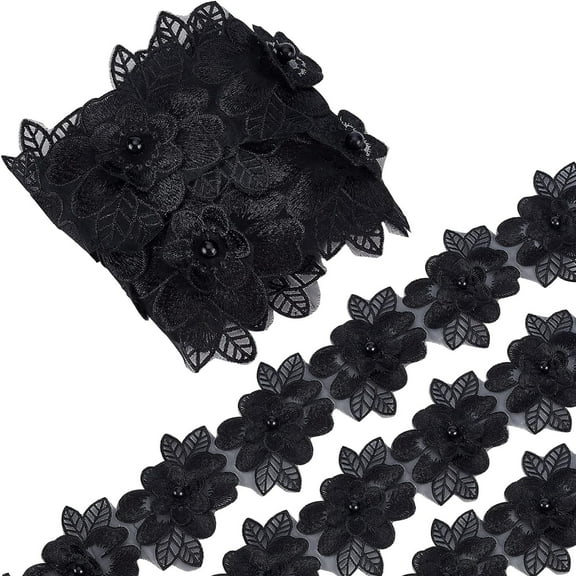 1bag 2 yard 3D Polyester Flower Lace Edge Trim Ribbon Pearl Beads Edging Trimmings Embroidered Applique Fabric Vintage Sewing Craft for Wedding Dress Embellishment DIY Dress Decor(Black)