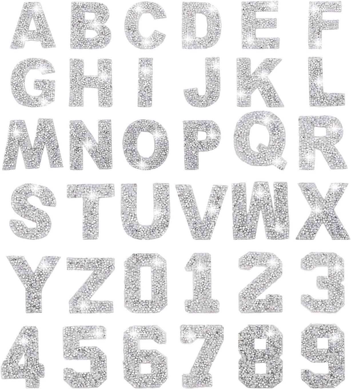 1bag 20 Pcs Number and 56 Pcs Alphabet Rhinestone Letter Sticker for Clothing Iron On Letters Patches for Jeans Jacket Costume Accessories Sewing Craft Decoration Silver