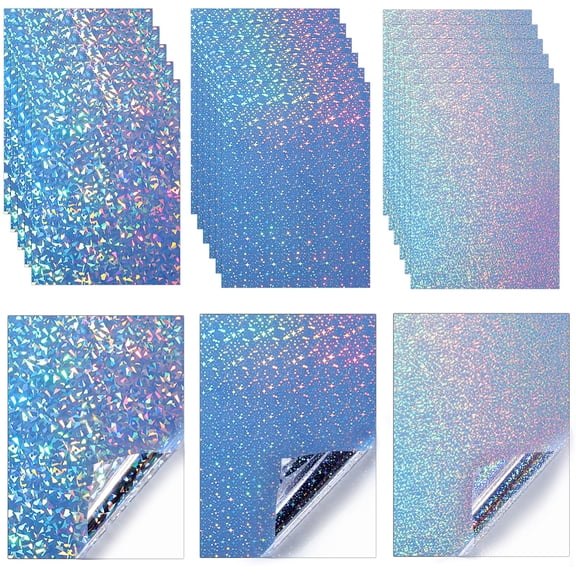 1bag 21 Sheets 3 styles Holographic Sticker Paper 8.27x11.69inch Clear Printable A4 Vinyl Adhesive Waterproof Diamond/Dots/Stars Patterns Sticker Film Label Decals for Inkjet