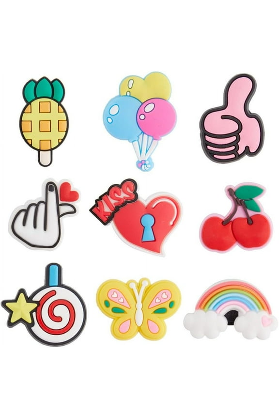 1bag 27pcs 9 style PVC Plastic Shoelace Buckle Clips Shoe Decorations Charm Cartoon Shoe Clasp Hand Heart/Cherry/Rainbow Mixed color 20~31x17~32x10~14mm 3pcs/style