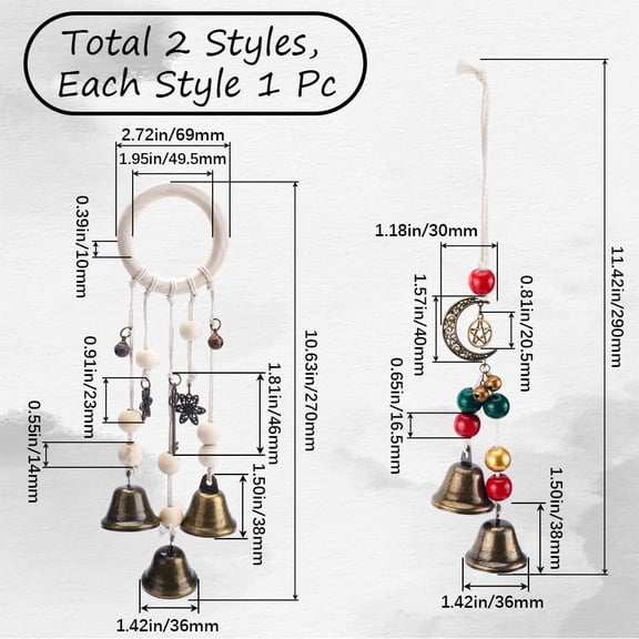 1bag 2pcs 2 style Iron Witch Bells Decorations with Wood Bead and Alloy Moon & Star for Boho Home Room Kitchen Decor Mixed color 270~290mm 1pc/style