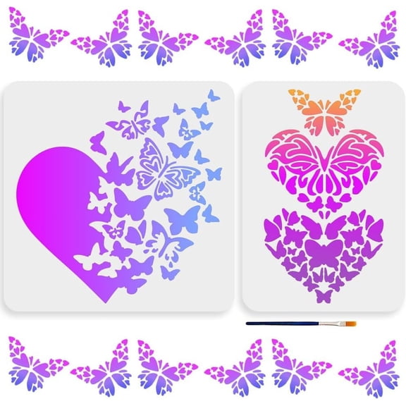 1bag 2pcs Butterfly Heart Stencil 11.811.8/11.78.3inch Romantic Love Butterfly Templates Large Butterfly DIY Craft Template with Paint Brush for Wood Canvas Fabric Furniture Decor