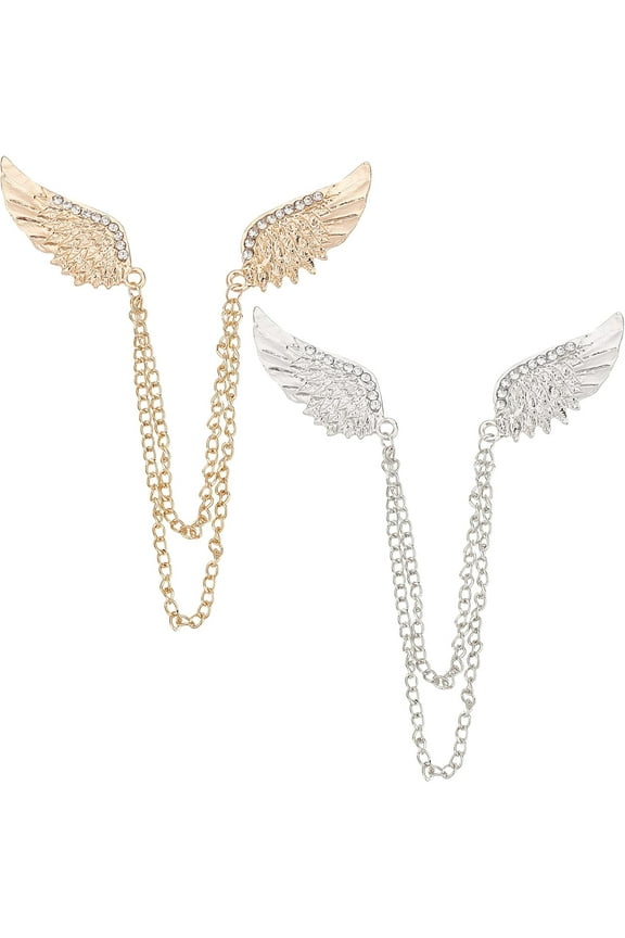 1bag 2pcs Collar Clip Chain Rhinestone Double Angel Wing Brooch Pin with Hanging Chain Lapel Pin for Wedding Party Men Women Coat Suit Shirt Collar Decoration Jewellery Accessories Gift