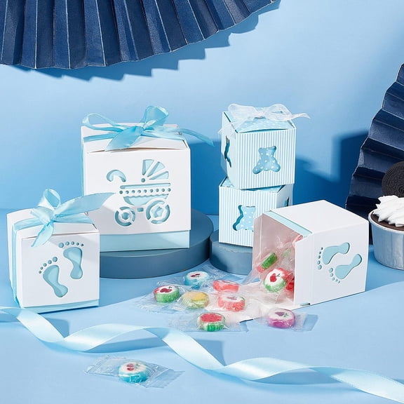 1bag 30 sets 3 style Paper Gift box Wedding Decoration with Polyester Ribbon and for Shower Gift box Light Sky Blue 6~8.5x6~8.5x6~8.6cm 10 sets/style