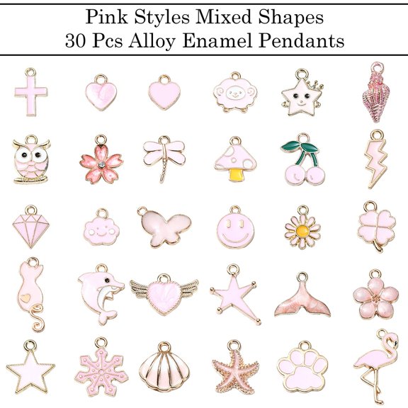 1bag 30Pcs 30 Styles Alloy Enamel Pendants Mixed shapes Pink 12~24.5x7~23.5x1~6.5mm Hole: 1.5~2.5mm 1pc/styleDIY