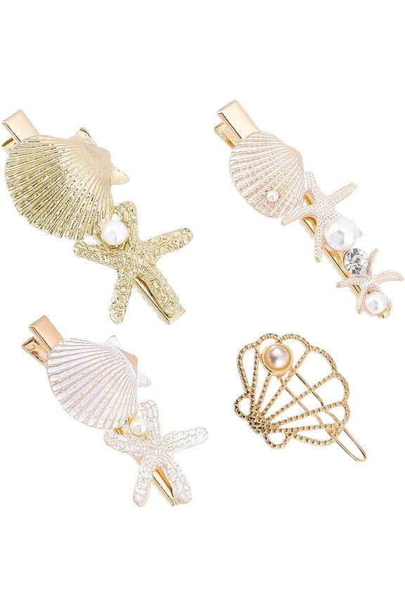 1bag 4 Styles Starfish Shell Hair Clip Beach Hair Clips Starfish Barrettes Dainty Sea Theme Clips for Decor Beach Travel Wedding Supplies