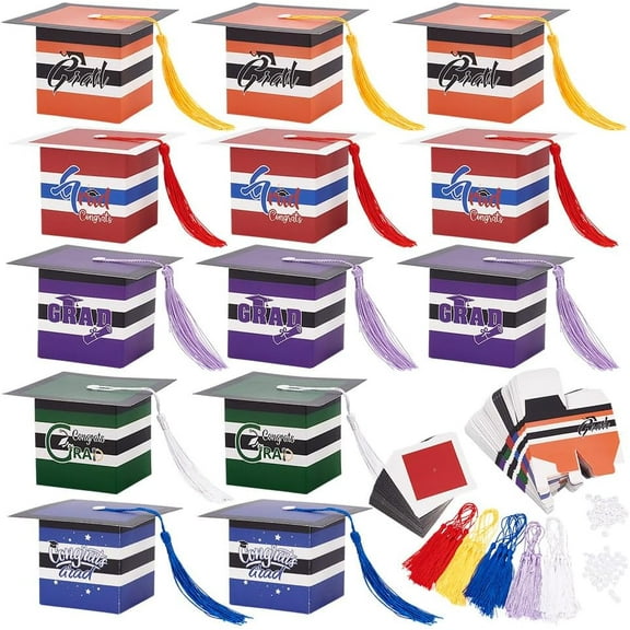 1bag 40 sets 5 colors Graduation Cap Paper Folding Gift boxes with Tassel and Snap Button for Graduation Presents Wrapping Mixed color Finish Product: 6x6x6cm about 5pcs/set 8 sets/color