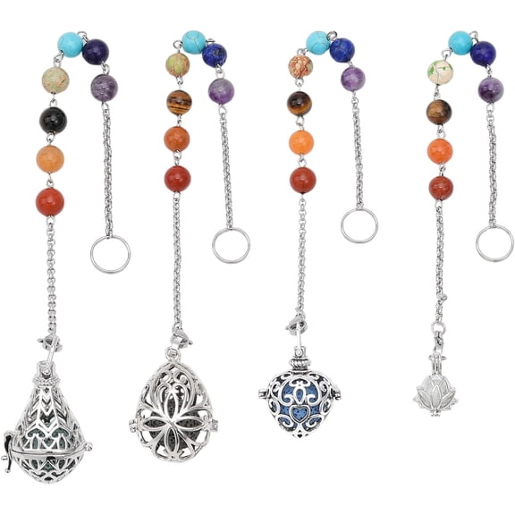 1bag 4pcs 4 style Chakra Mixed Stone Dowsing Pendulum Decorations with Handmade Luminous Lampwork Beads & 304 Stainless Steel & Brass Findings Lotus Charm Mixed Dyed and Undyed 222~247mm 1pc/style