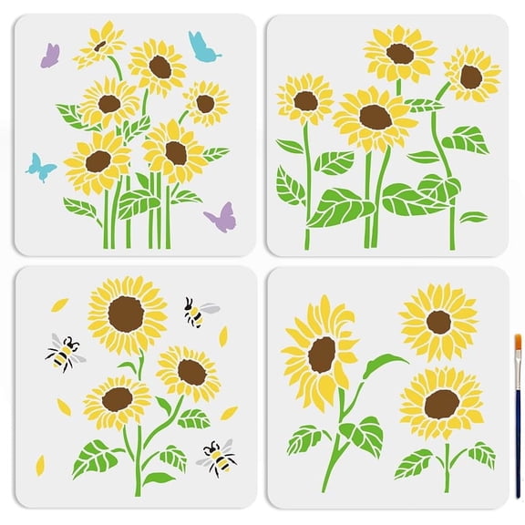 1bag 4pcs Butterfly Bee Sunflower Stencil for Painting 11.811.8inch Large Boho Sunflower Stencils with Paint Brush Nature Floral Sun Flower Template for Wood Wall Furniture Decor Crafts
