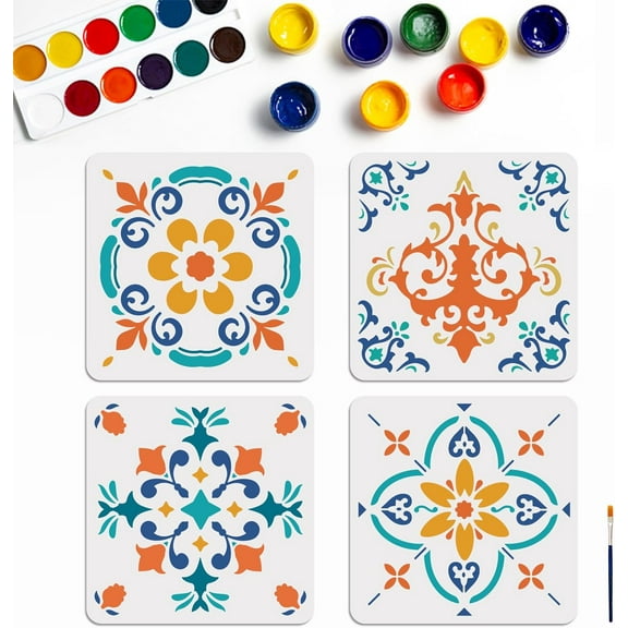 1bag 4pcs Tile Stencil Set Floor Painting Stencils Mandala Mexican Stencil Wall Templates 11.811.8inch with Paint Brush for Painting Walls Wood Tiles Concrete Floor Decor Gold