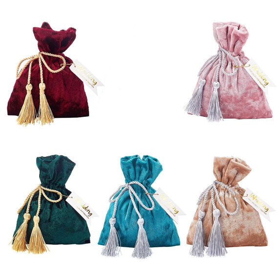 1bag 5 sets 5 colors Velvet Jewelry Drawstring Gift Bags with Polyester Tassels and Paper Card Iron Safety Pins Wedding Favor Bags Mixed color 14~14.5x10.1~11x0.35cm 1set/color