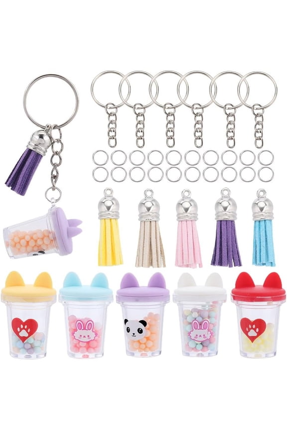1bag 50PCs DIY 10Sets Milk Tea Suede Tassels Large Cat Charm Keychain Making Kit Resin Tea Key Chain Split Rings for Keychains Making Supplies Bag Purse Decoration