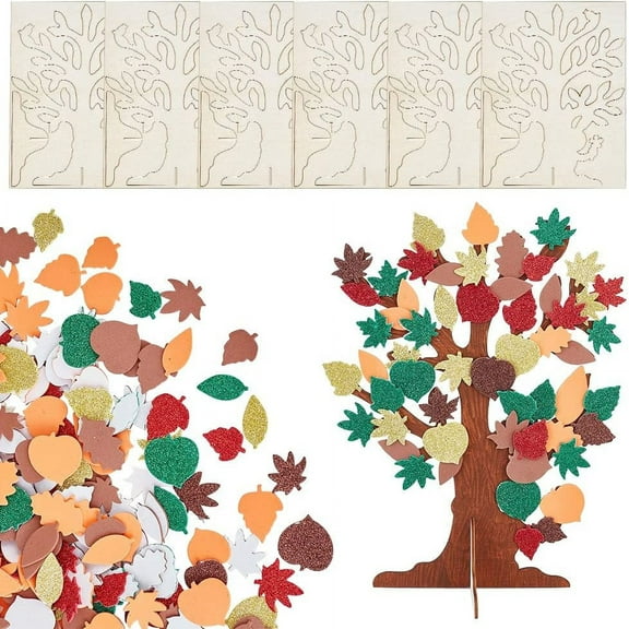 1bag 6 Set Foam Stickers 3D Craft Tree Kit Thanksgiving Theme Unfinished Wood Tree Fall Tree with 1000Pcs Maple Oak Leaf Stickers for Art Project Family Activity Thanksgiving Festive Decoration DIY