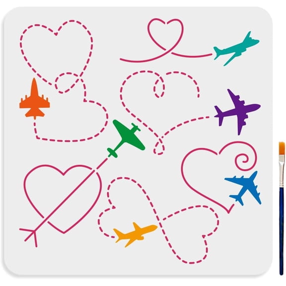 6 Styles Airplane Love Track Stencil 11.811.8inch Airplane Stencil Template with Paint Brush Aircraft Flight Trajectory Drawing Template for Valentine's Day Craft Furniture White