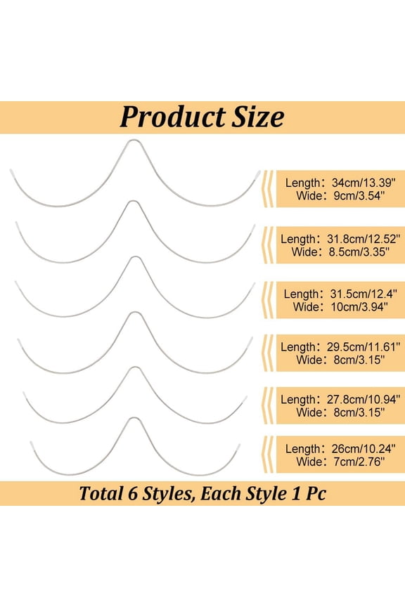 1bag 6pcs 6 style 304 Stainless Steel W-shaped Swimsuit Underwire Sturdy Metal Bra Wire for Bra Shaping Stainless Steel color 260~340x70~100x3mm 1pc/style
