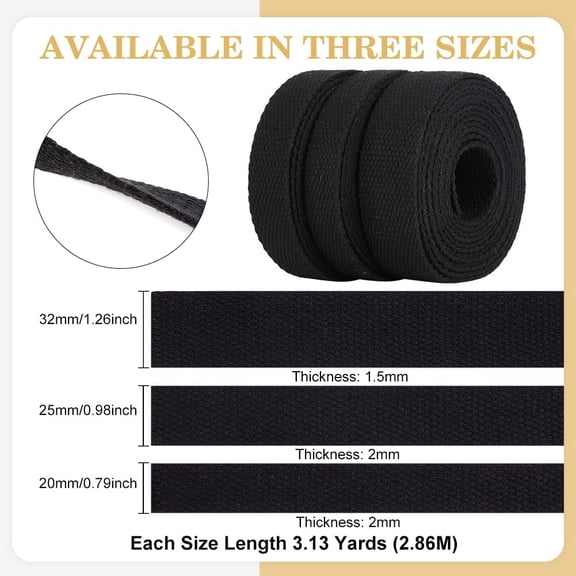 1bag 8.58 Yards 3 styles Flat Polycotton Band Webbing Strap for bag Strap Making with 3pcs Plastic Wire Twist Ties Black 20~32x1.5~2mm 2.86m/style