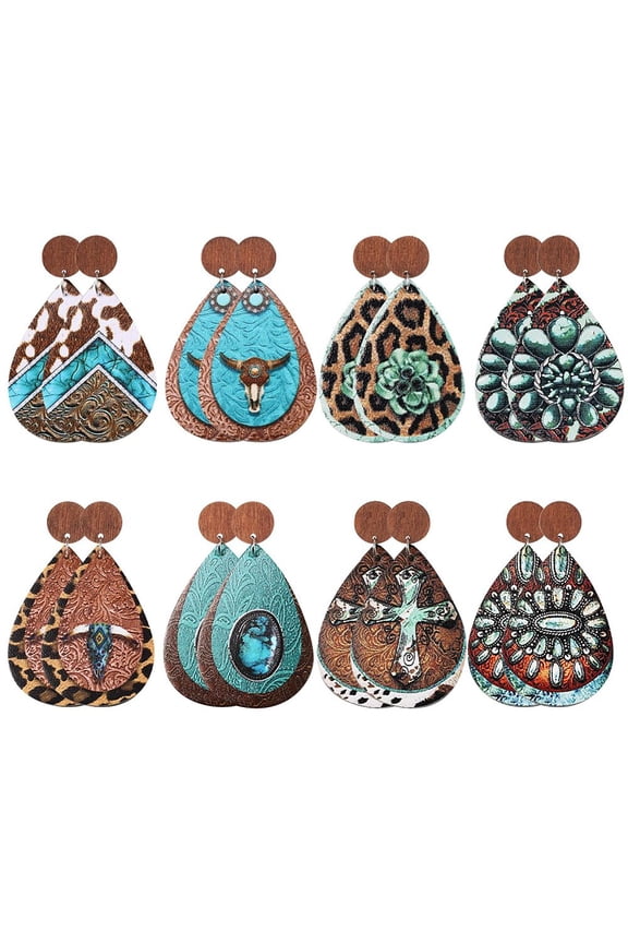 1bag 8 Pairs 8 styles Teardrop PU Imitation Leather Dangle Stud Earring West Cowboy style Wood Drop Earring for Women Mixed color 71mm