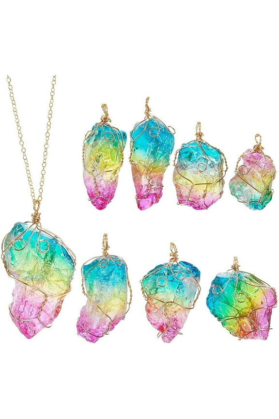1bag 8Pcs Natural Quartz Stone Pendant Colorful Irregular Rock Stone Pendants Charms with Light Gold Copper Wire Wrapped for Necklace Jewelry Making Gold