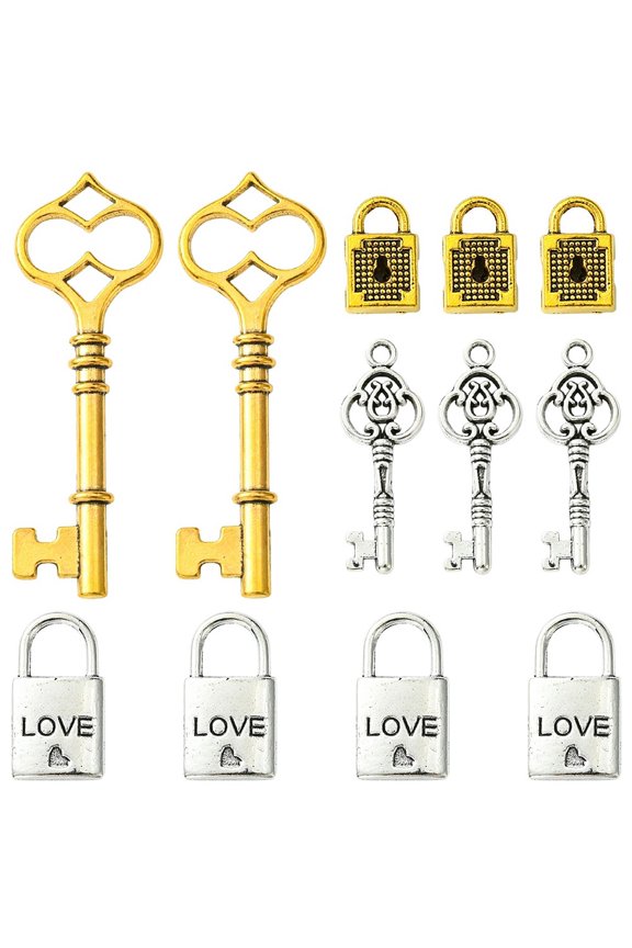 1bag 8pcs 4 styles style Alloy Skeleton Key Lock Pendants Antique Silver & Golden 18~60x8~21x5mm Hole: 2.5~5mm 2pcs/style