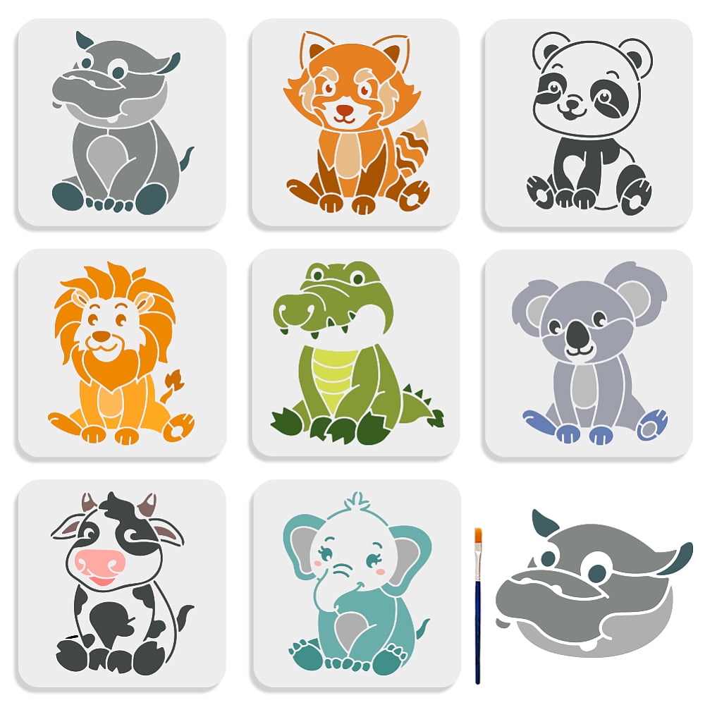 1bag-8pcs-animal-stencils-8-8inch-with-paint-brush-small-panda-lion