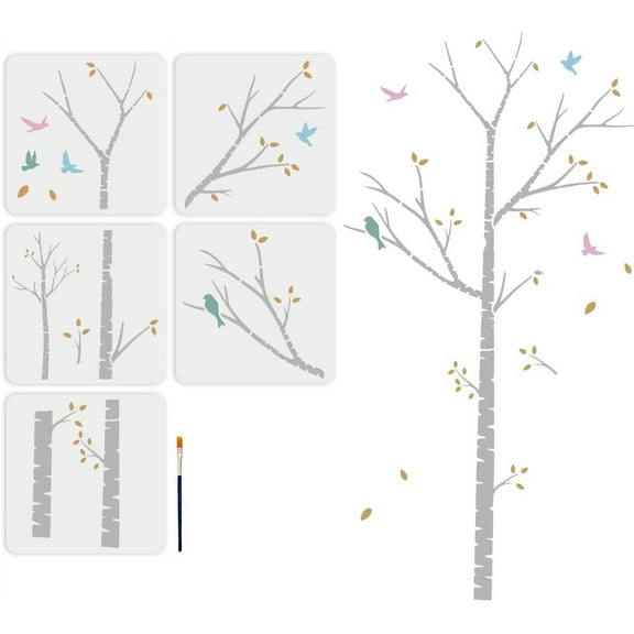 1bag Birch Tree Wall Stencil Set 21.6 x 42.2 inches 5 Pieces with Paint Brush Forest Design for DIY Home Decor White DIY
