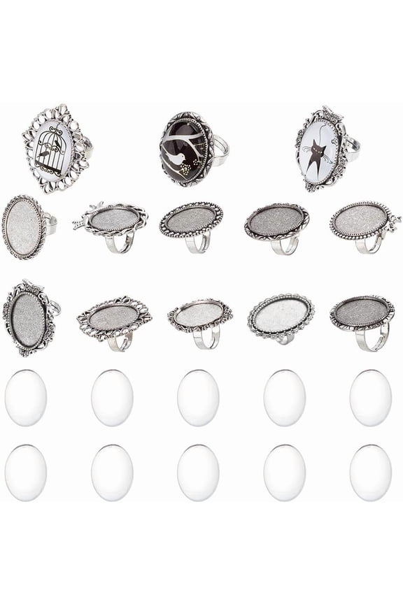 1bag DIY Blank Dome Finger Rings Making Kit Including Bowknot Owl Flower Bird Adjustable Alloy Ring Settings Glass Cabochons Silver 20Pcs/bag