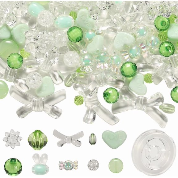 1bag DIY Bracelet Making Kit Including Heart with Word Love Bowknot Flower Candy Acrylic Beads Elastic Thread Light Green