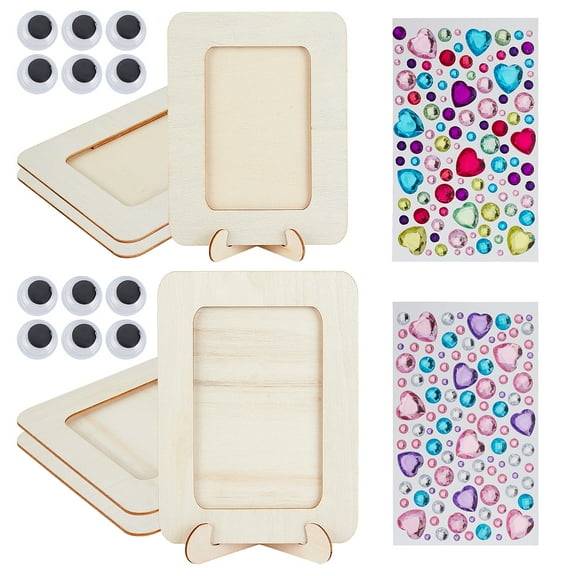 1bag DIY Photo Frames Kits Blank Rectangle Wooden Photo Frames with Transparent Acrylic Rhinestone Stickers Picture Frame Craft Kit for Home School and Office Decoration