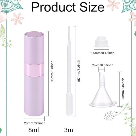 1bag Empty Portable Glass Spray Bottles Rotary Bottle with Dispensing Pump and Disposable Dropper & Funnel Hopper Mixed color 1.15~1.25~98x2.3cm Capacity: 8ml(0.27fl. oz)