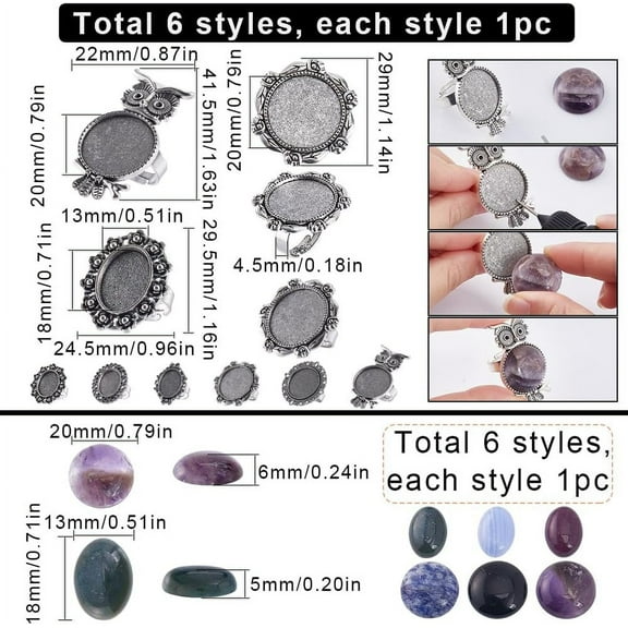 1bag Finger Rings Making Kit Including Bowknot & Owl & Flower Adjustable Alloy Ring Settings & Mixed Stone Cabochons Antique Silver 12pcs/bag