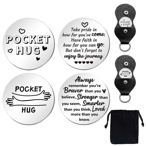 1bag Heart Engraved Stainless Steel Commemorative Decision Maker Coin set Pocket Hug Coin Inspirational Quote Coin with Imitation Leather Keychain Storage Pouch Word 25x25x2mm